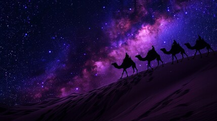 Naklejka premium Tribal camel caravans traveling through vast desert landscapes It is silhouetted against the starry night sky decorated with the Milky Way.