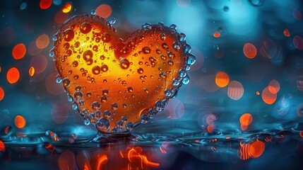 A beautiful heart-shaped glass figure covered with water droplets, set against a blend of blue and orange colors in the background with circular light spots.