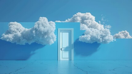 A surreal blue room with a single white door and realistic floating clouds, resembling a dreamscape or fantasy environment, evoking peace and curiosity.