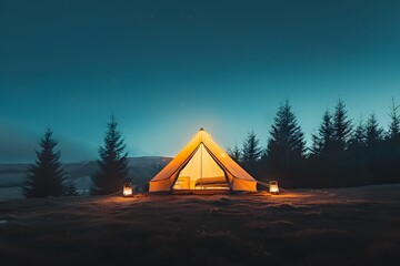 Cozy illuminated tent under a starry night sky, surrounded by pine trees in a serene landscape.