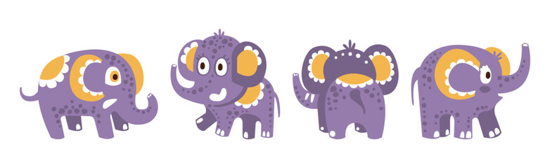 Cute Purple Baby Elephant Character with Pretty Snout Vector Set