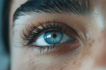 a person's eye with visible eyelashes, on a light background, showcasing beauty and vision concepts