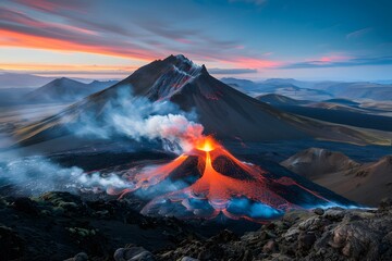 Volcanic eruption at sunrise with flowing lava, billowing smoke, and rugged terrain