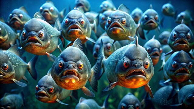 A menacing school of piranhas with razor-sharp teeth and ominous gaze swim in unison amidst murky dark blue waters.