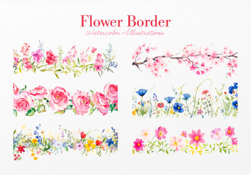 Watercolor Floral Border Design Element Set
