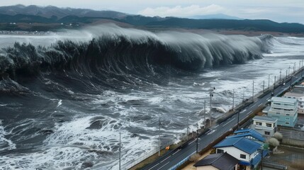 High tide crashing into the shore near coastal town with mountains in background, powerful wave concept