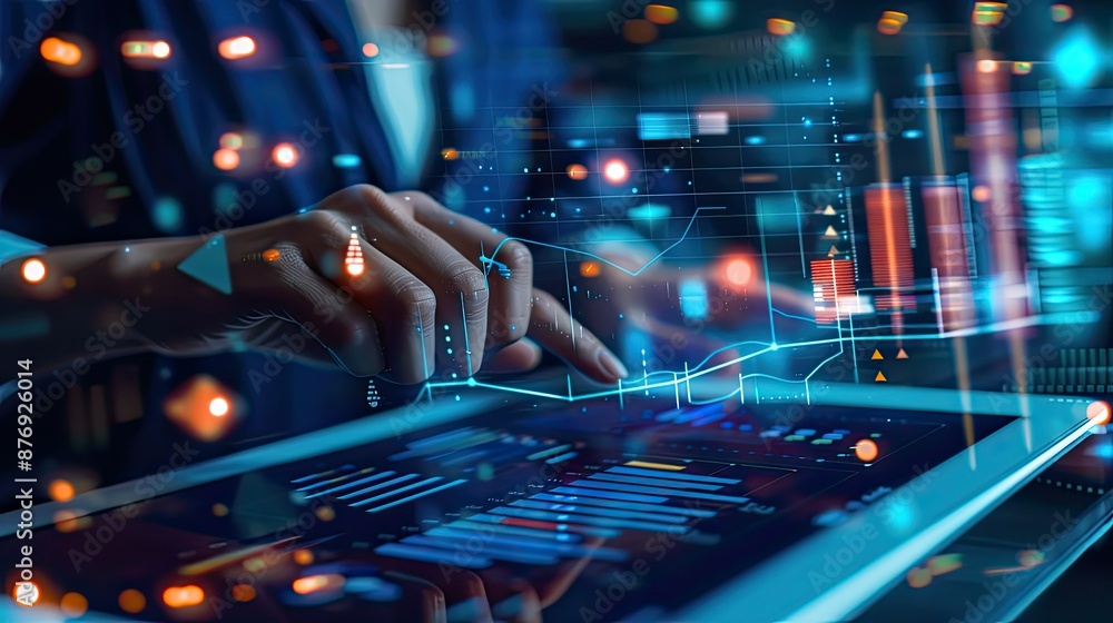 Poster hand interacting with digital data on a tablet