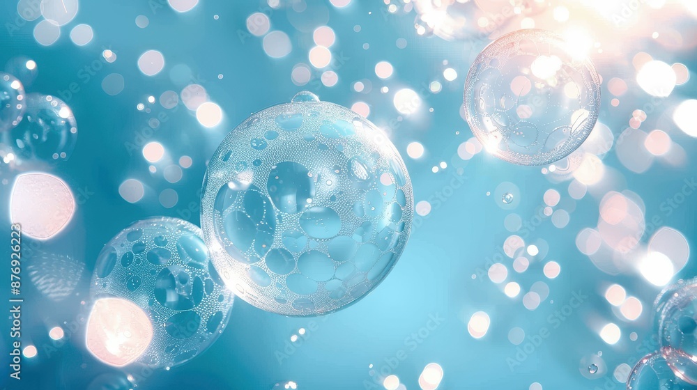 Poster a captivating scene of shimmering bubbles reflecting light in a beautiful, dreamy setting, emphasizi