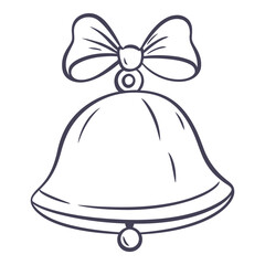 A simple black and white line drawing of a Christmas bell with a bow on top