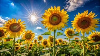 Obraz premium Sunflowers In Full Bloom Against A Bright Blue Sky And Fluffy White Clouds