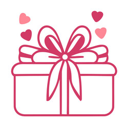 A pink gift box with a bow and hearts floating around it