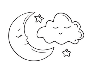 Beautiful cute moon, cloud and stars with eyes sleeping in black isolated on white. Hand drawn vector sketch illustration in doodle engraved vintage line art style. Children slumber, sleep.