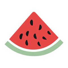 A slice of watermelon with black seeds on a white background