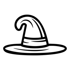 A black and white illustration of a witch's hat with a curved brim