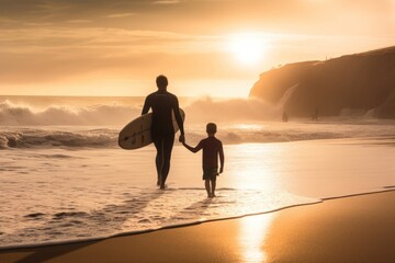 Father and son surfers coast outdoors surfing.