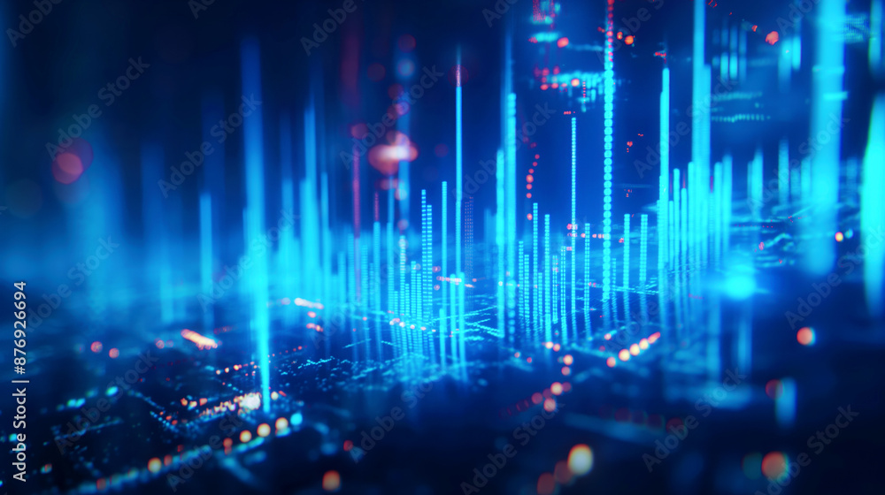 Sticker Abstract visualization of data and information with glowing blue lines and dots on a digital landscape. It represents blockchain, data analytics, and technology concepts.