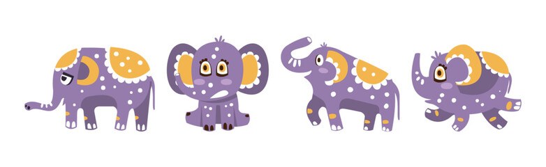 Cute Purple Baby Elephant Character with Pretty Snout Vector Set