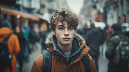 Obraz premium Confident Teenager Standing Out in Urban Crowd with Sharp Contrast Background
