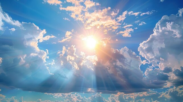 This image captures the serene beauty of clouds parting to reveal bright sun rays streaming through, symbolizing hope and clarity in a stunning, tranquil skyscape.