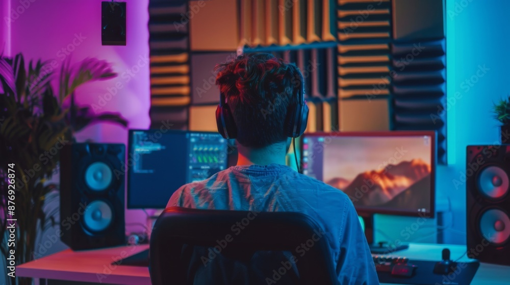 Poster a person sits in a chair in front of a computer, wearing headphones and facing a monitor. they are i