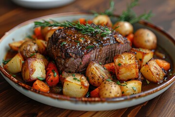 A dish of full English roast dinner, including roast beef, roast potatoes, Yorkshire puddings, and an assortment of vegetables, all topped with gravy. 