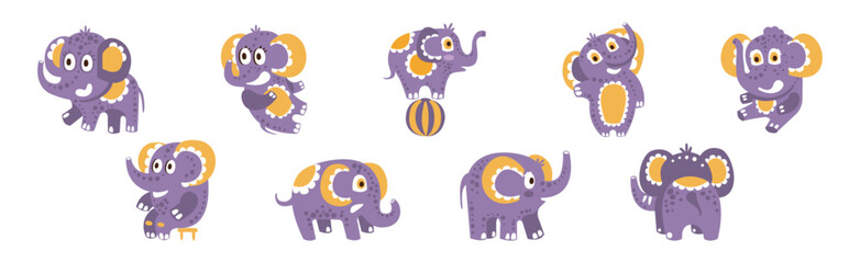 Cute Purple Baby Elephant Character with Pretty Snout Vector Set