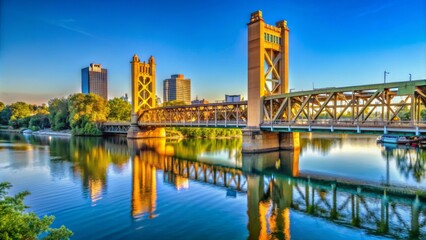Naklejka premium Historic steel truss vertical lift bridge spans calm Sacramento River against clear blue sky with majestic cityscape in background.