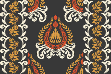 Embroidered Ikat flower pattern on a black background. Traditional ethnic ikat, Aztec abstract vector pattern, seamless pattern in tribal, folk embroidery and Mexican style.