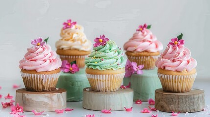 Six vibrantly colored cupcakes with swirled frosting and pink flower decorations arranged on wooden stands with scattered petals and a soft white background.