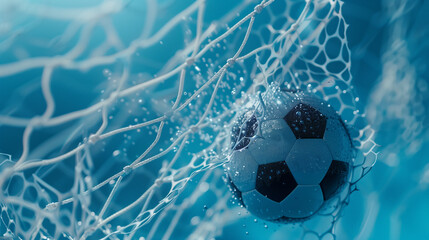 Naklejka premium Soccer Ball Breaking Through the Net in Dynamic Action Shot
