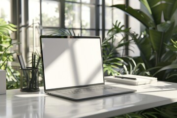 laptop with a blank screen, placed on a clean white desk. office setting