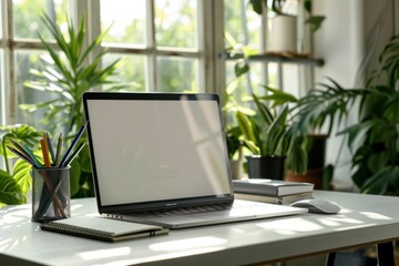 laptop with a blank screen, placed on a clean white desk. office setting