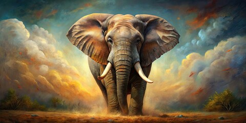 Fototapeta premium Majestic oil painting of a powerful elephant in rich textures and grandeur, majestic, strength, traditional, oil painting