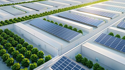 Industrial complex with green roofs and solar panels, highlighting energy efficiency and sustainable energy conservation