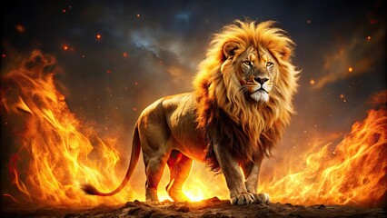 Majestic of a fierce fire lion , lion, fire, flames,fantasy, mythical creature, fiery, fierce, majestic, art, digital art, mane