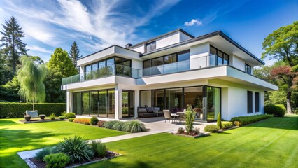 Minimalist modern white house with clean lines, large windows, and sleek roofing nestled among lush greenery and manicured lawn.