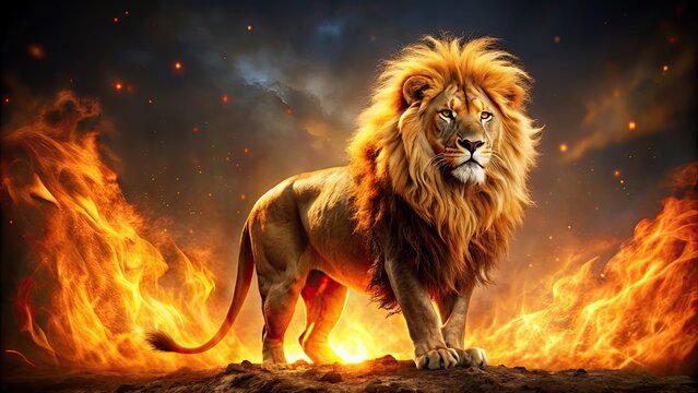 Majestic of a fierce fire lion , lion, fire, flames,fantasy, mythical creature, fiery, fierce, majestic, art, digital art, mane