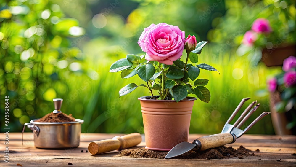 Wall mural Pink rose in a pot with garden tools in the background, pink, rose, pot, flower, garden, tools, gardening, nature, plant