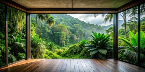 Fototapeta premium Lush rainforest view from a room , jungle, greenery, foliage, trees, tropical, nature, scenic, exotic, tranquility