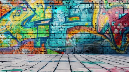 Naklejka premium Beautiful colorful graffiti brick wall First person