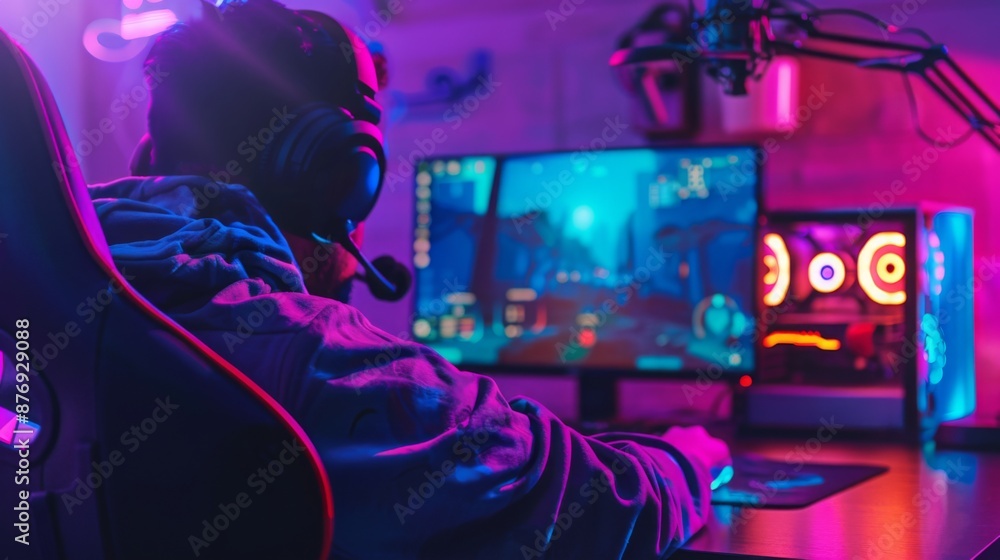 Poster a gamer sits in a gaming chair in a neon lit room, playing a video game on a computer. they are wear