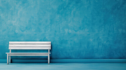 Minimalist scene featuring a white wooden bench against a textured blue wall. The simplicity and serene color palette create a calm and peaceful atmosphere, ideal for relaxation.