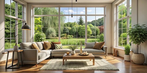 Fototapeta premium Cozy living room with a large window overlooking a garden, cozy, living room, window, interior design, home