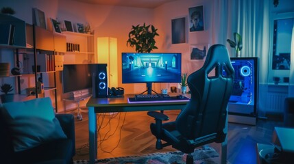 A gaming desk with a large monitor, keyboard, mouse, and a gaming chair. The desk is illuminated with a blue light, and there is a plant in the background.