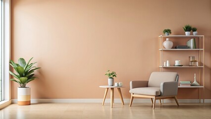 Minimalist empty room interior with pastel peach colored walls, ideal for product display, branding, and advertisement mockups, modern ambiance.