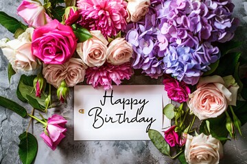 colorful roses and peonies with a card saying "Happy Birthday" on top, in pastel colors with a beautiful floral background. Birthday background concept.