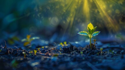 Nature's artistry unfolds as a tiny plant reaches towards sunlight, a testament to the life-giving power of nature's celestial beam.