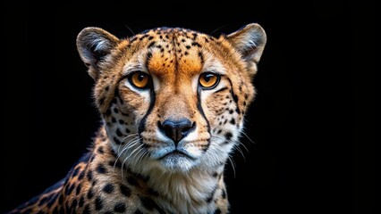 Obraz premium Cheetah head with intense gaze on a black background, cheetah, predator, wildlife, feline, big cat, speed, fast, African