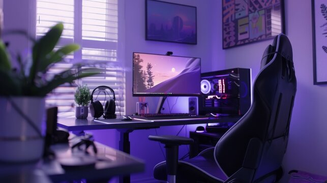A close-up of a modern gaming setup with purple lighting, featuring a gaming chair, desktop computer, monitor, and headphones. - Powered by Adobe