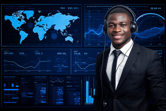 Handsome african man call center operator over digital world map with data charts and stats, Business communication concept